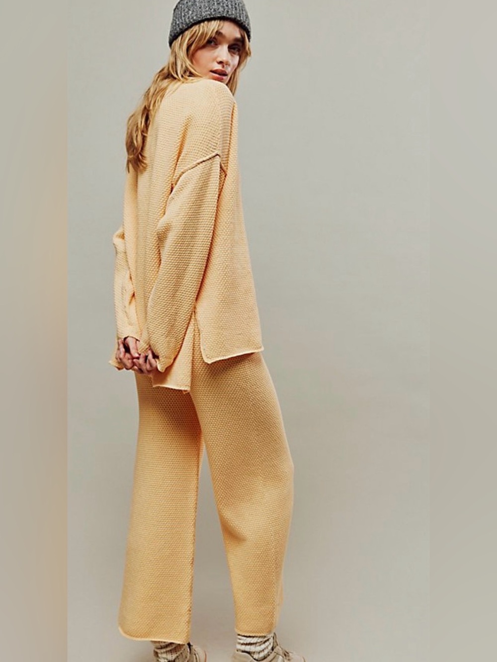 Cozy Peach Knit Lounge Set - Women's Relaxed Sweater & Wide Leg Pants